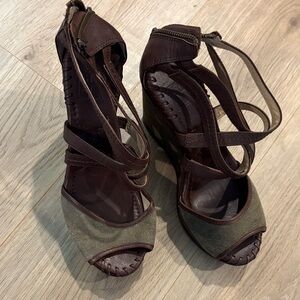 Frye Olive Green and Brown Strappy Wedge Sandals